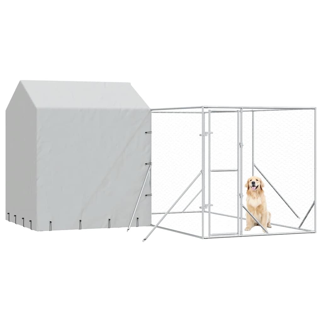 Perrera para perros con techo plateado de acero galvanizado, 4 x 4 x 2,5 m, resistente a la intemperie, con puerta con cierre, adecuado como caño para cachorros, parque libre para jardín y