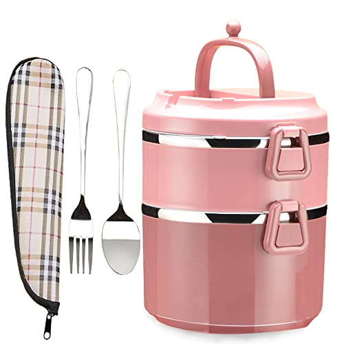 SANQIAHOME 2 Capas Fiambrera apilable,de 18/8 acero inoxidable, Caja de comedor sellada de varias capas,Rosa Cover