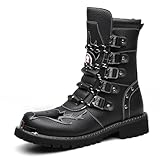 NEGYANME Men's Leather Lace-Up Multi-Strap Motorcycle Boots Round Toe Stylish Non-Slip Tactical Military Boots Suitable For Riding, Working, Rock Music Festivals (black,8)