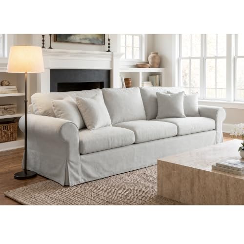 Vorthio 89" Heavy-Duty 3 Seater Couch, Farmhouse Slipcover Sofa, with High Back & Rolled Arms, Soft Breathable Linen-Textured Lawson Couch for Living Room, Light Grey