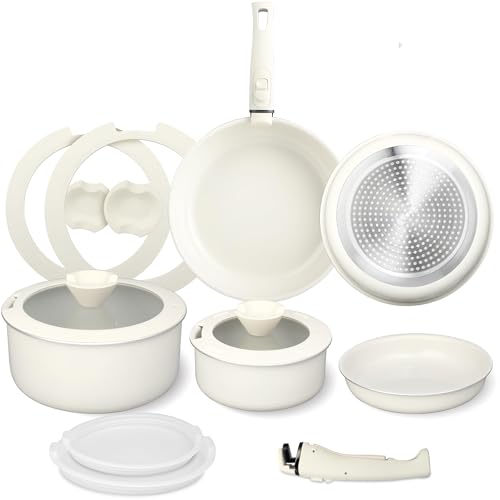 Ray Bear 13 Pcs Pots and Pans Set, Nonstick Cookware Set with Lids and Detachable Handle, PFAS & PFOA Free, Non-Toxic Healthy Kitchen Cooking Set