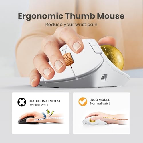 Image of ProtoArc Wireless Trackball Mouse, EM04 Ergonomic Bluetooth Rollerball Mouse Rechargeable Computer Laptop Mouse Thumb Control Mice, Compatible with PC, iPad, Mac, Windows-White Mouse Yellow Ball