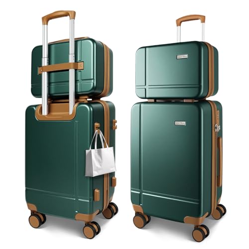 Image of 14 inch 20 inch Durable Luggage Set, 2 Piece Travel Hardshell Suitcase with 360 Double Smooth Spinner Wheels & TSA Lock for Adventure & Long Trips Carry on & Air Checked Green