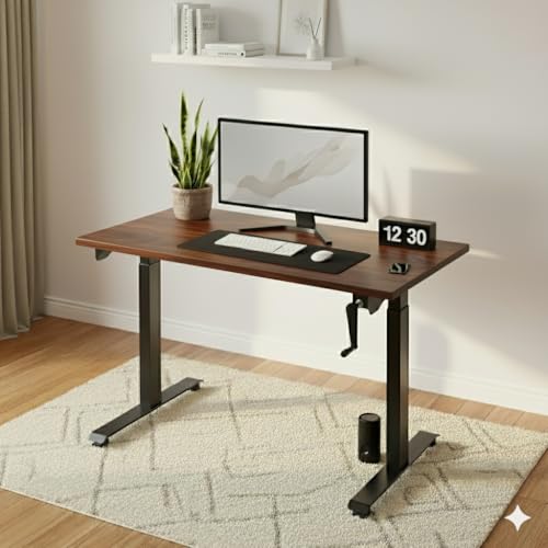 Image of Manual Height Adjustable Desk | 120x60 cm Walnut Top, 18mm Thick | Black Frame | 60kg Capacity | Smooth Hand Crank | 2-Year Warranty | Sturdy Steel Frame | Ergonomic Home & Office Use