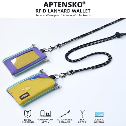 Image of RFID Blocking Travel Wallet with Adjustable Lanyard, Small Nylon Zipper Pouch and Badge Holder for ID, Credit Cards, Cash, Keys, Commuters (DarkYellow+Violet)