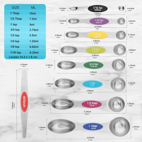 Image of Magnetic Measuring Spoons Set of 9 with Leveler, Color-Coded Dual Sided Stainless Steel Measuring Spoon Set, Stackable Teaspoon and Tablespoon Set for Baking, Cooking, Kitchen Gadgets.