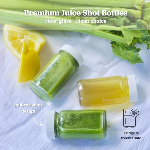 Image of Juice Shot Bottles Set - Wide Mouth for Juicing, Beverage Storage, Liquids, 2 oz, Clear Glass with White Caps, Reusable, Leak Proof, Jars (16 pack)