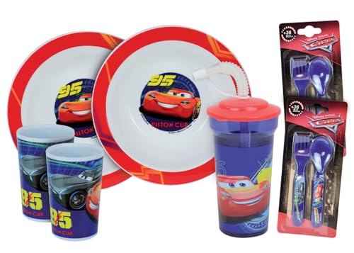 FUN HOUSE | Conjunto completo de louça Disney Cars para criança, 2 pratos fundos + 2 copos + 2 conjuntos cobertos 1 copo de canudo, licença oficial | reutilizável | marca francesa | ideia para