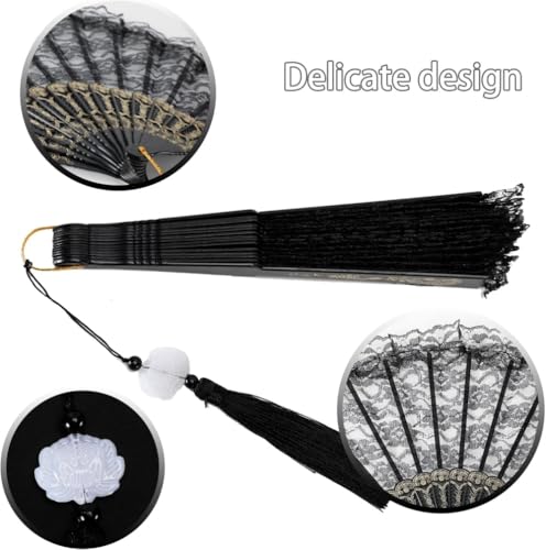 Image of Vintage Bridal Lace Hand Fan, Floral Embroidery Glitter Tassels Foldable | Wedding Dance Tea Party Gift for Women, Mother, Bride, Compact Retro Cosplay