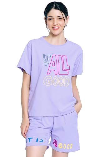 Image of ZEYO Night Suit for Women's Typography Printed Cotton Night Dress of Top and Shorts