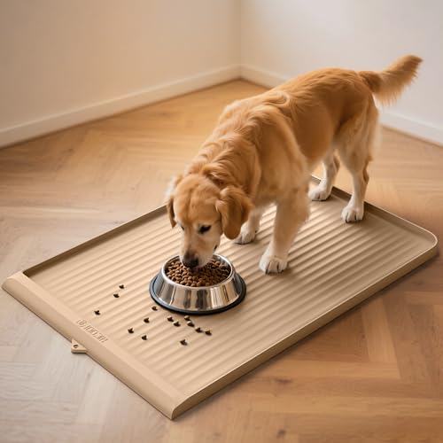 Dog Food Mat 36'x24', Waterproof Pet Feeding Mat with Diversion Grooves and Raised Edges, Large...