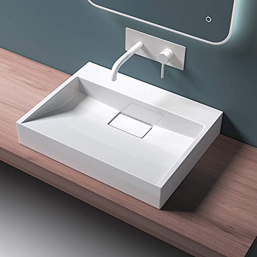 Mai & Mai Lavabo sobre Encimera Lavabo Suspendido Baño | Rectangular | Blanco Brillante | Mármol Fundido | 50x38x11cm | sin Orificio para Grifo con Válvula de Desagüe | Colossum19