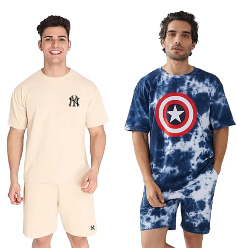 Image of Zombom Combo of Men's Night Suit | Men's Co-ord Set | Lounge-wear Nightdress Pajama Set | Summer Night Wear | Solid Plain Casual Pajama Shorts Set | Beach Wear Pack of 2
