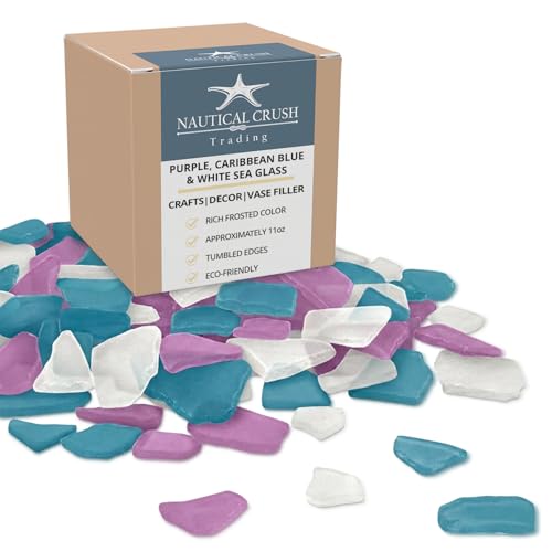 Sea Glass for Crafts – 11oz Purple, Caribbean Blue and White Sea Glass Decor, Tumbled Seaglass, Seaglass for Crafts, Beachglass Decor, Nautical Vase Fillers, Coastal Art Supplies