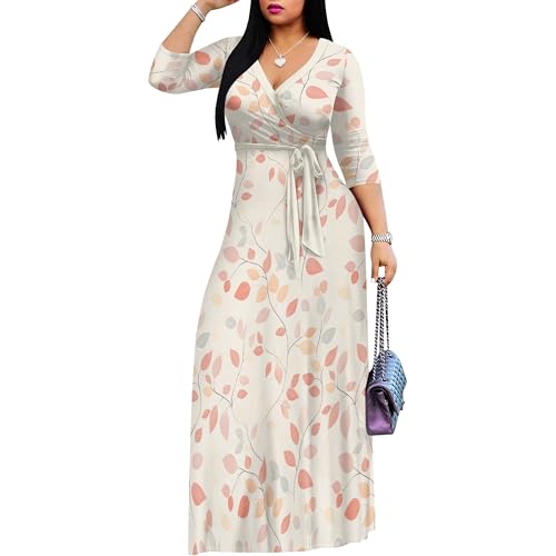 Image of PinkPatty Plus Size Maxi Dress for Women Casual V Neck 3 /4 Sleeve Boho Printed Long Dress with Pockets