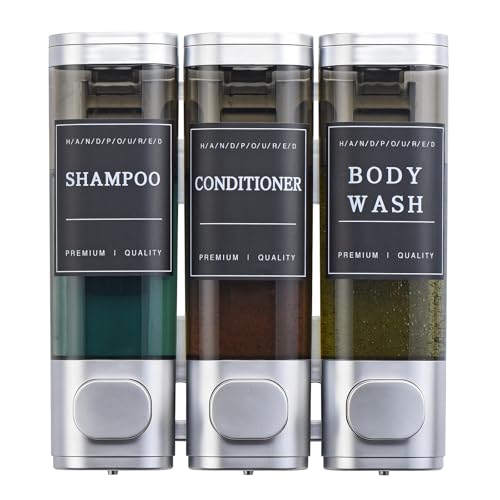 Shampoo and Conditioner Dispenser Shower Soap Dispenser 3 Chamber No Drill Wall-Mounted for Bathroom & Hotel Leak-Proof Pumps for Thick Liquids Like Conditioner - 1050ML High Capacity Silver