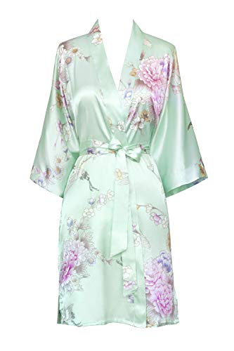 Women's Satin Kimono Robe Short - Floral - Chrysanthemum & Crane - Aqua (Blue)
