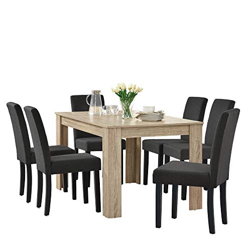 Table de Salle à Manger Noble en Design chêne cérusé + 6 Chaise de Salle à Manger en Gris foncé - 140x90cm