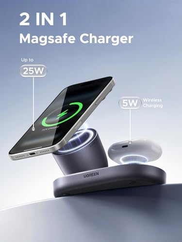 Image of UGREEN 25W Magnetic Wireless Charger Stand, Qi2.2 Certified MagSafe Compatible 2 in 1 Charging Station for iPhone 17 16 15 and AirPods Pro, Pixel, Office Desk Accessories, Black (No Adapter)