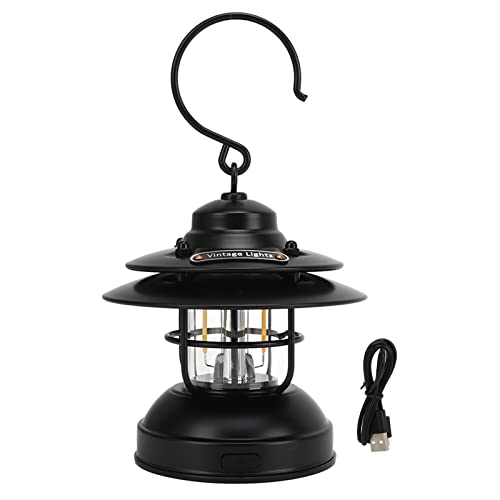 Camping Lantern, Retro LED Camping Lights with PC Lampshade Brightness Dimmable Hanging Tent Light for Hiking, Fishing, Power Cuts, Hurricane, Emergency (Black)