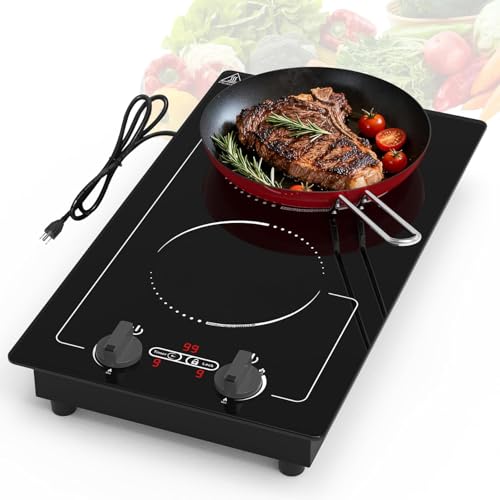 Image of GIHETKUT Double Induction Cooktop, 110V 2300W hot plate with LED Touch Screen, 9 Power Levels, Kids Lock & Timer, Overheat Protection, knob and touch control 2 burner Induction cooktop