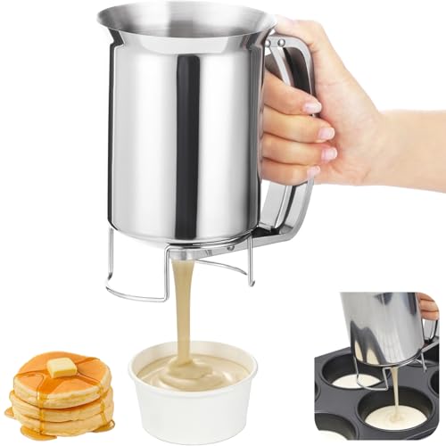 Stainless Steel Pancake Batter Dispenser, 900 ml / 32 oz Batter Separator with Squeeze Handle, Kitchen Baking Tool for Cupcakes, Crepes, Waffles, Takoyaki