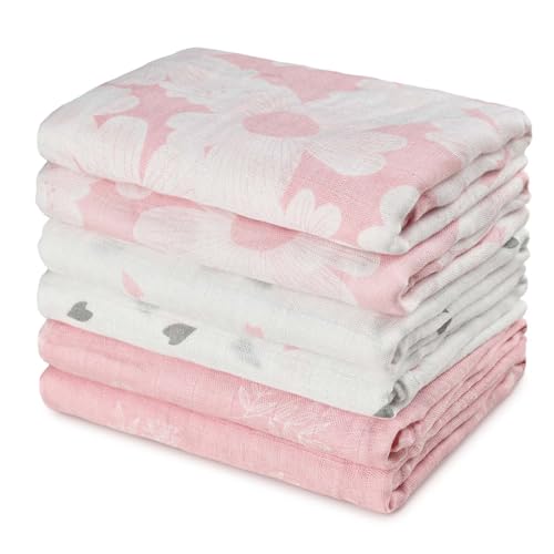 Image of GLLQUEN BABY Receiving Blanket Boy Cotton Muslin Swaddle Blankets Girl Newborn Squares Breathable & Soft Thin Baby Blankets Cloths Double Absorbent Infant Swaddling Wrap - 6 Pack (Rosebud)