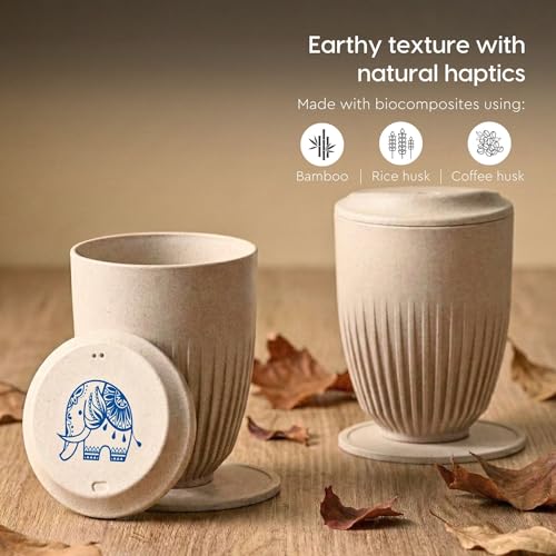 Image of Eha Earth-Friendly Wedding Gifts for Couple | Gifts Made with Rice Husk Biocomposite | Elephant Printed Mug and Coasters Set of 2, Keychain, Loopac Box | 350 ml | Sand Castle