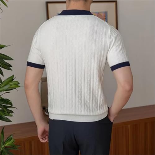 Men Short Sleeve Slim Shirt Vintage Patchwork Knitted Pullover Lapel Casual V-Neck Knitwear3
