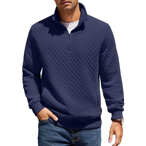 COOFANDY Mens Quarter Zip Pullover Quilted Sweatshirt Knit Long Sleeve Mock Neck Sweater Polo with Pocket Navy Blue Small