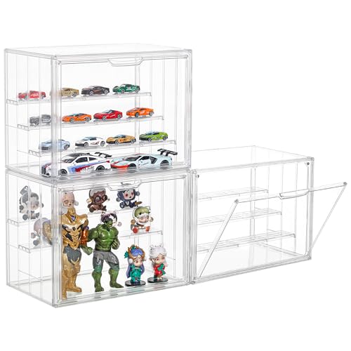 Display Case for Collectibles 4 Layer Updated Adjustable Acrylic Display Case with Magnetic Door Clear Stackable Display Box Hobby Display Cases for Figures, 3 Pack