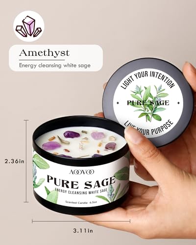 Image of AOOVOO 4 Pack Sage Candles - 2 Sage & 2 Palo Santo Candle Set with Crystals & Decor, 26oz 200 Hours Long Lasting, Non Toxic Candles for Spiritual House Energy Cleansing