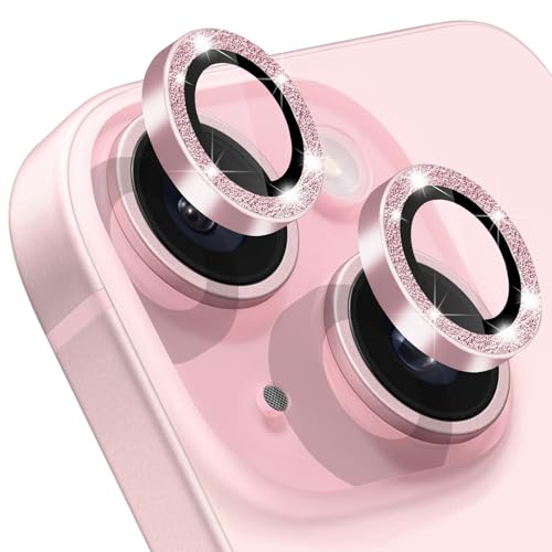 Hsefo Compatible with iPhone 15 & 15 Plus Camera Lens Protector Bling Glitter 9H Tempered Glass Camera Cover Anti Scratch Shockproof Screen Protector Individual Metal Lens Ring - 2PCS Glitter Pink