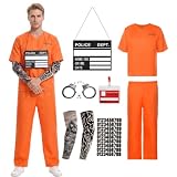 Prisoner Costume Men, Orange Prison Jumpsuit with Handcuffs, Tattoos, ID