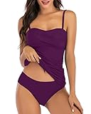 Shuangyu Bandeau Tankini Swimsuits for Women Ruched Tummy Control Top Swimwear with Mid Waist Briefs Purple M