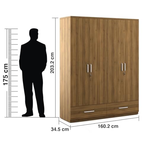 Image of Spacewood Linden Wardrobe | 3 Year Warranty | Almirah, Cupboard, Almari, 4 Door Wardrobe, 4 Drawer (2 Lock Drawer) and 2 Hanging Space & 2 Internal Locker |Engineered Wood| Natural Teak