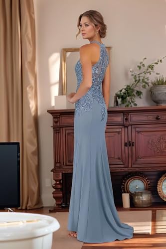 Mother of The Bride Dresses for Women Satin Lace Appliques Halter Mermaid Wedding Guest Dress Formal Evening Gowns3