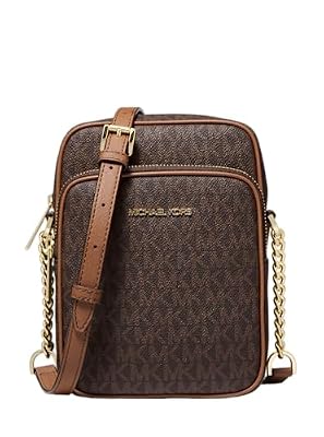 Michael Kors - Borsa a tracolla da viaggio Jet Set, flight bag di medie dimensioni in PVC, con logo e tracolla con catena, Marrone, Medium