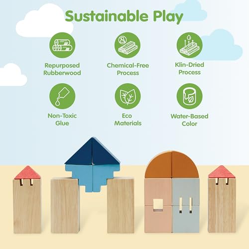 Image of PlanToys Creative Blocks Wooden Montessori Building and Imagination Toy in Orchard Shade | Fine Motor, Spatial Reasoning and Early STEM Learning Activity | Eco Friendly Open Ended Play Set