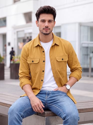 Image of Amazon Brand - INKAST Men's Cotton Blend Button Down Shirt | Long Sleeve Casual Lightweight Breathable Collared Shirts | Soft Comfortable Everyday Wear |Two Flap Chest Pockets |Using like Jacket Shirt