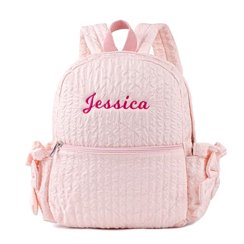 Personalized Small Daycare Backpack Cute Pink Seersucker Preppy Backpack with Bowknot Custom Embroiderey Daypack with Name for Overnight Weekender Travel(Pink Small Bowknot)