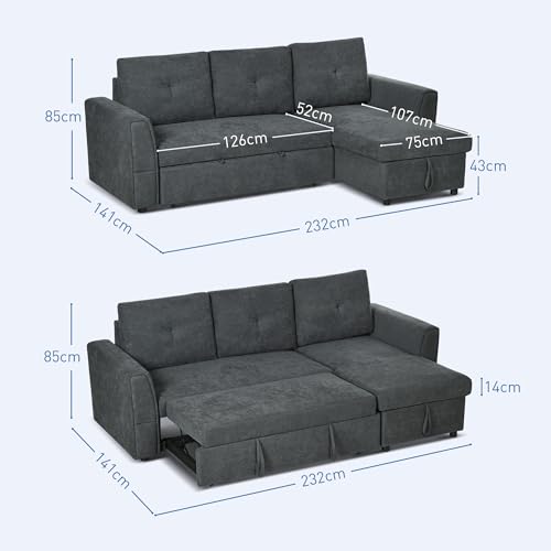 HOMCOM 3 Seater Sofa Bed, L-Shaped Corner Sofa, Pull Out Sofa with Storage, Convertible Click Clack Settee Sectional Sleeper Futon for Living Room, Office, Dark Grey - Image 3