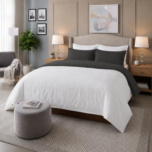 Image of Duvet Cover King Size Bed (92x110 Inch) 1 Duvet Cover + 4 Pillow Covers with Zipper 600 TC Cotton Reversible Luxurious Quilt, Comforter, Rajai, Blanket Cover (White /Dark Grey)