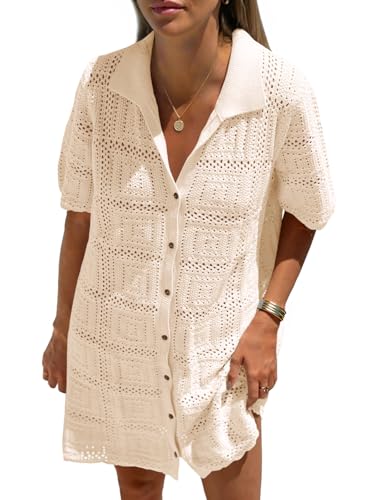 Saodimallsu Womens Crochet Swimsuit Cover Up Dress Short Sleeve Button