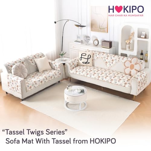 Image of HOKIPO Wildflower Breeze Quilted Sofa Cover 5 Seater Set with Tassels - Washable 3+2 Sofa Cover Mat |'Tassel Twigs' Series (IN-985-T7 + IN-983-T7)