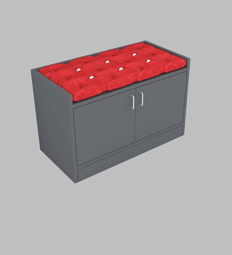 Image of SPECIALITY PANELS 2 Door Shoe Rack with Cushion, Grey with Red Cushion, 75 cm x 49 cm, DIY Assembly, Storage Bench with Seating
