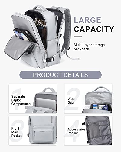 Vecave Travel Backpack,Carry On Backpack For Women,Airline Flight Approved Waterproof 14 Inch Laptop Backpack With Shoe Compartment Casual Daypack Backpacks Grey #TOP3