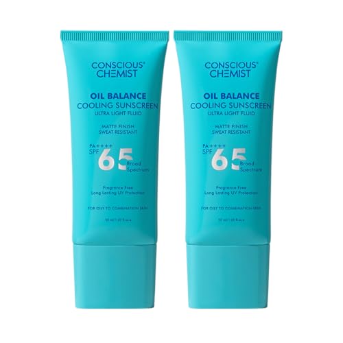 Image of Conscious Chemist Oil Balance Cooling Sunscreen SPF 65 PA++++ 50 ml | In Vivo Tested | Gel Based Matte Finish with Niacinamide & Hyaluronic Acid, Sweat Resistant, Lightweight, UVA /UVB Protection | Men & Women, All Skin Type | Pack of 2