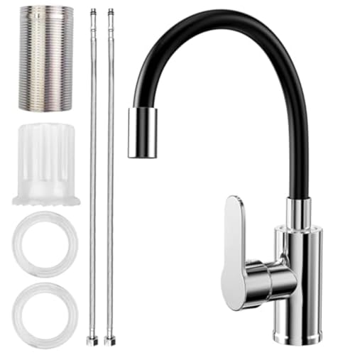 MoSundi Robinet de cuisine flexible noir avec bec rotatif à 360°, aérateur ABS économiseur d'eau et tuyau en acier inoxydable pour une installation facile, 36,5 cm