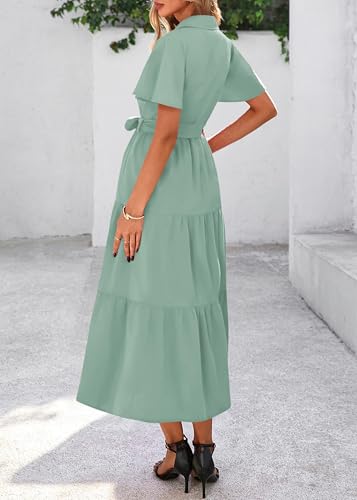 Image of KIRUNDO Summer Button Down Wedding Guest Shirt Dresses for Women Maxi Flutter Short Sleeve Flowy Tiered Beach Sun Dress
